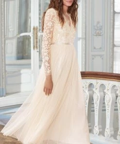 Needle & Thread Holding LTD Amalie Bodice Long Sleeve V-Neck Ankle Gown Womenswear