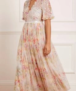 Needle & Thread Holding LTD Iris Sequin Bodice Short Sleeve V-Neck Ankle Gown