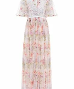 Needle & Thread Holding LTD Iris Sequin Bodice Short Sleeve V-Neck Ankle Gown