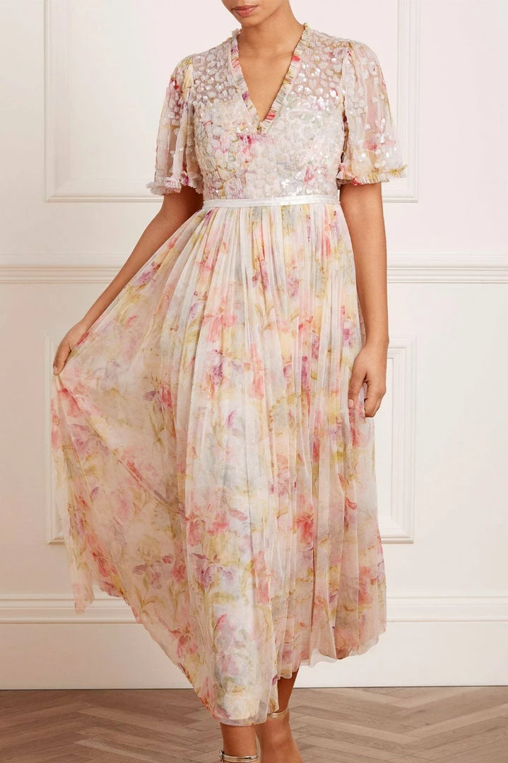 Brand new 🥰 Needle & Thread Holding LTD Iris Sequin Bodice Short Sleeve V-Neck Ankle Gown 👍 5 Needle & Thread Holding LTD Iris Sequin Bodice Short Sleeve V-Neck Ankle Gown