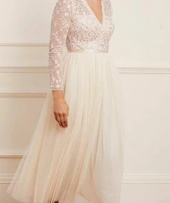 Needle & Thread Holding LTD Rosie Lace Bodice Long Sleeve V-Neck Ankle Gown Womenswear