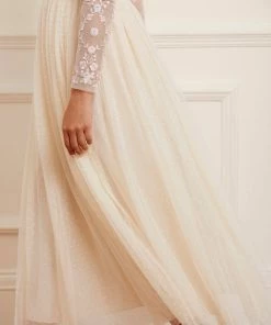 Needle & Thread Holding LTD Rosie Lace Bodice Long Sleeve V-Neck Ankle Gown Womenswear