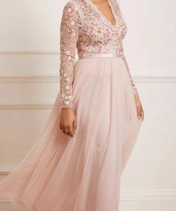 Needle & Thread Holding LTD Rosie Lace Bodice Long Sleeve V-Neck Ankle Gown Womenswear