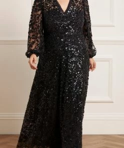 Needle & Thread Holding LTD Seren Long Sleeve V-Neck Gown Womenswear